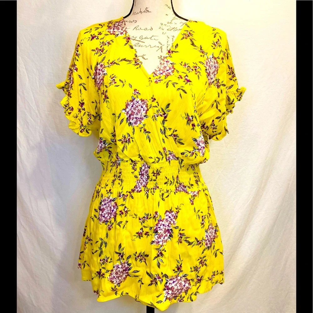 Staccato Yellow Surplice Smocked Waist Floral Print Blouse - Picture 1 of 16